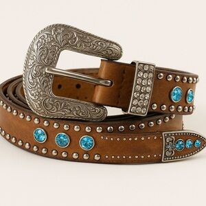 Nocona Belt Co Blue Rhinestone Flower Brown Silver Leather Belt Size 36 Smalll